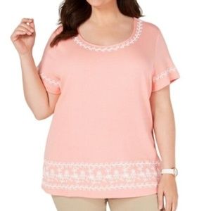 Karen Scott Women's Coral Embroidered Striped Short Sleeve Top Plus Size 1X
